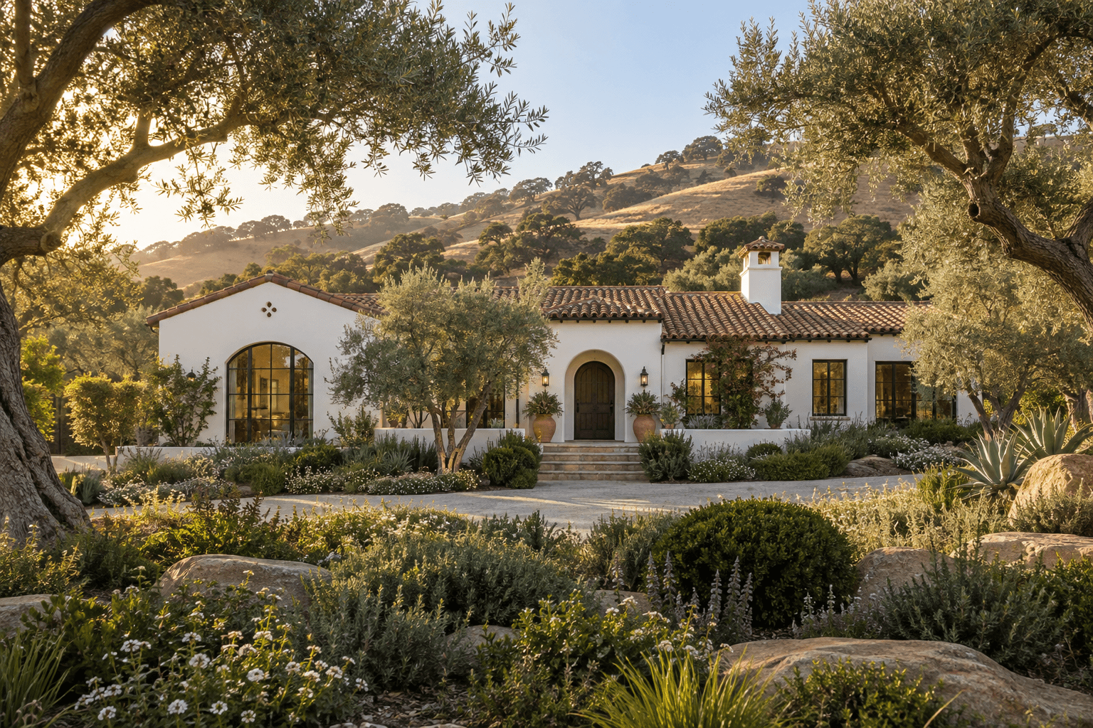 Illustrative California stucco home framed by native planting and golden hills