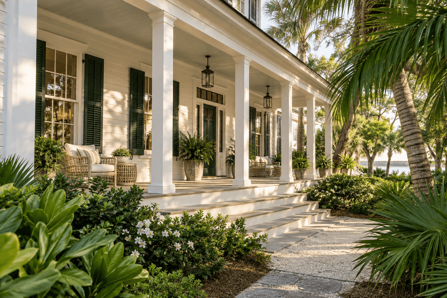 Illustrative white coastal home with green shutters and a sunlit porch