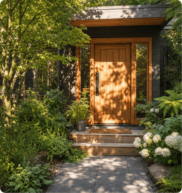 A welcoming home entrance framed by planting