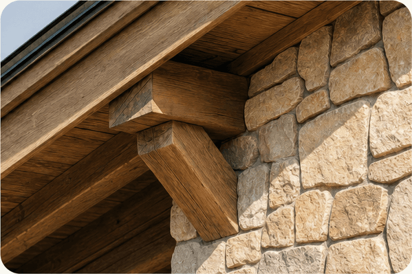 A timber eave and corbel above a stone exterior wall.